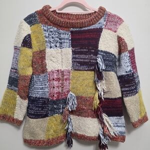 Artisan De Luxe Colorful Patchwork Women's Sweater Size Small Boho Fringe